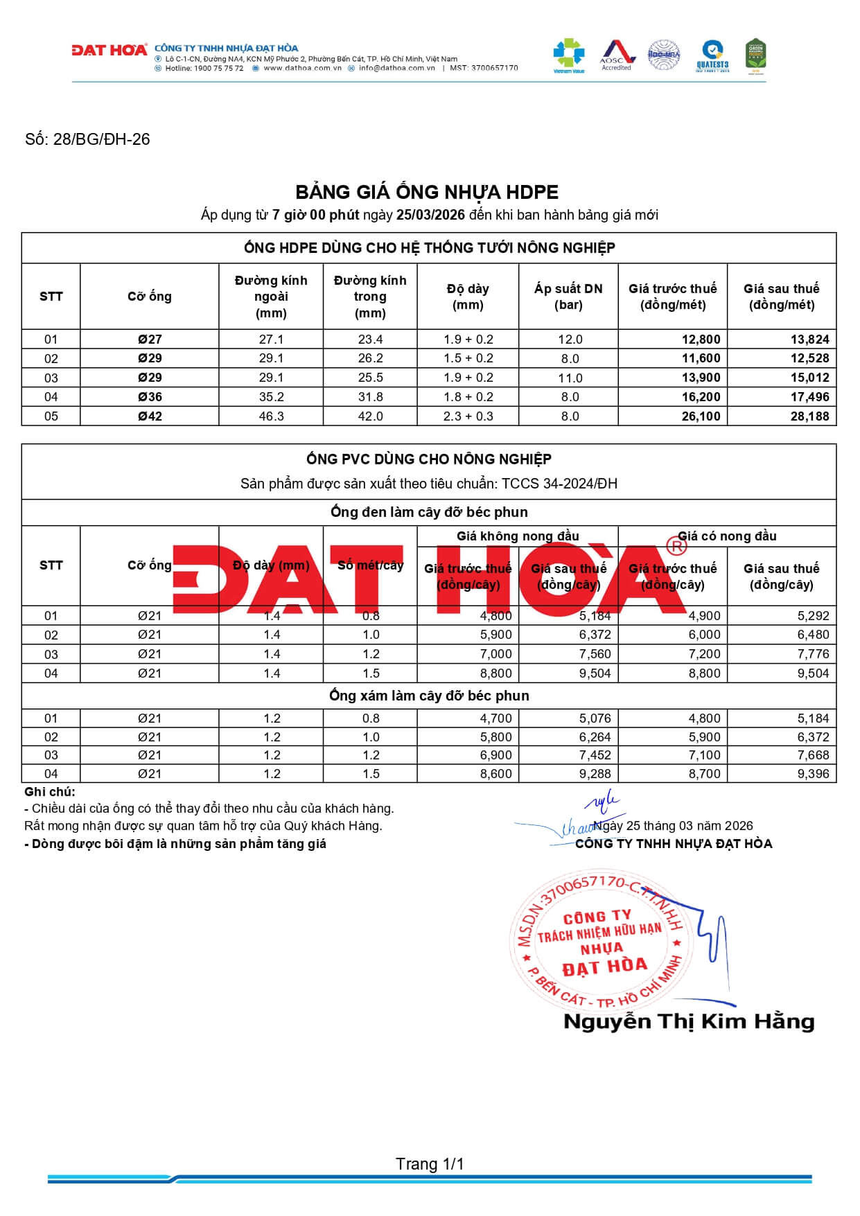 28 Bang Gia Ong Hdpe Dung Cho Tuoi Nn