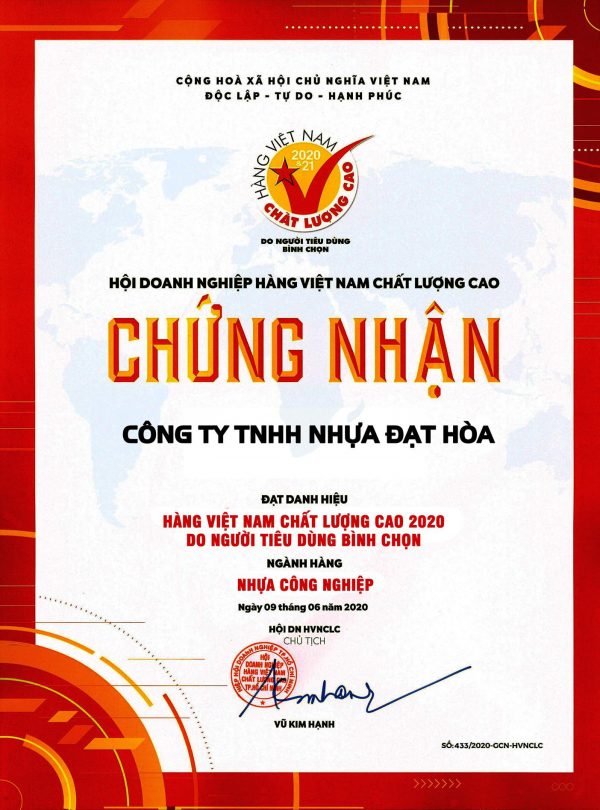 Giấy chứng nhận ống Đạt Hòa hàng việt nam chất lượng cao