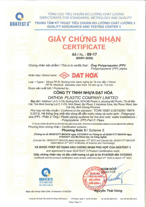 Giấy chứng nhận ống PPR Đạt Hòa